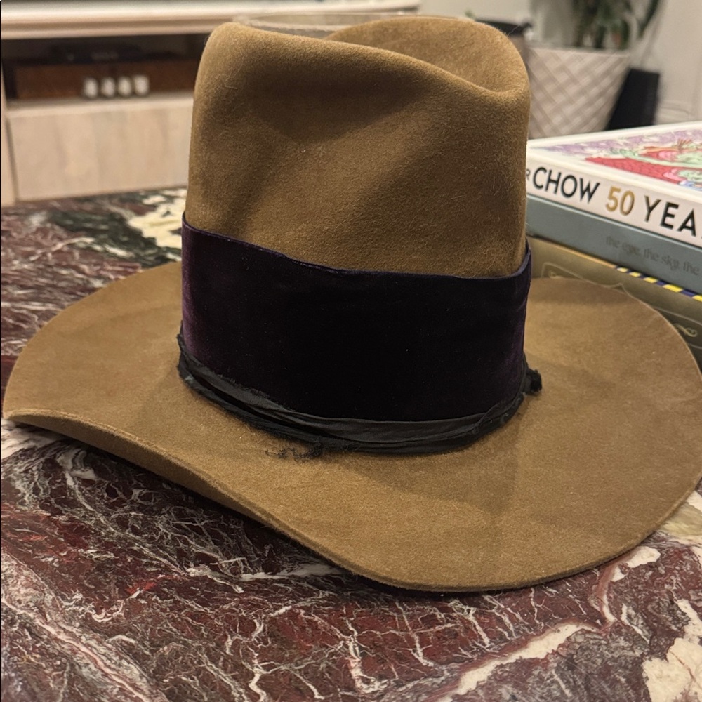 Teressa Foglia Wool Tall Crown Custom Fedora Western Cowboy Hat Brown and Purple